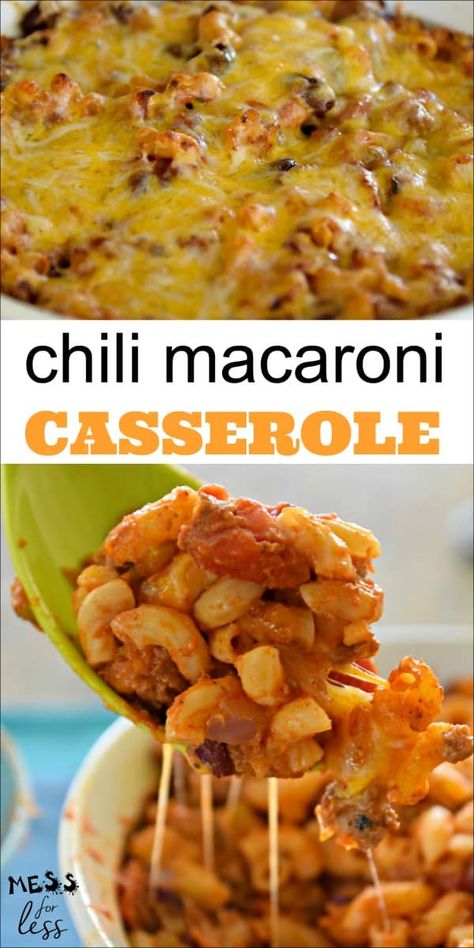 Combine chili and mac and cheese to make this Chili Macaroni Casserole from Mess for Less. It is meaty, cheesy and delicious. Chilli Casserole, Chili Mac Casserole, Stromboli Recipes, Chili Macaroni, Macaroni Casserole, Quick Family Dinners, Chili Mac And Cheese, Recipes Rice, Chili Mac