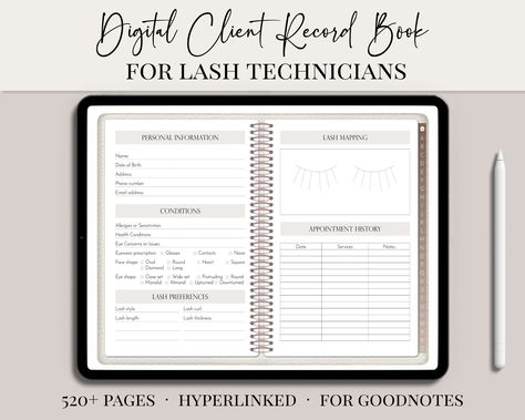 Efficiently organize and manage your lash tech business clients' information with this convenient digital client record book designed specifically for Lash techinicians. Say goodbye to traditional paper forms and embrace the digital era with this user-friendly digital planner. This is a digital product that will be available for instant download after purchase. ➼ WHAT'S INCLUDED:          - Digital Client record book in PDF format with 549 hyperlinked pages ➼ PLEASE NOTE  This is a digital product. No physical item will be shipped.  Since the product is in PDF format, you can NOT edit the current text or colours in this book.  The product has been tested for use in Goodnotes ♥ If you like my product, please favourite my shop! https://www.etsy.com/shop/whiteflowerstudioo ♥ Take your Lash te Lash Tech Planner, Lash Client Record Book, Client Record Book, Lash Tech Business, Lash Posts, Paper Forms, Tech Business, Content Creation Tools, Lash Business