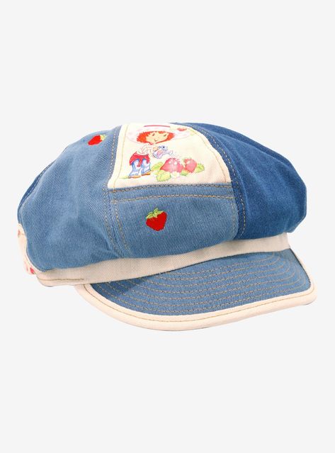 Keep your outfit lookin' berry sweet with this adorable cabbie hat on! It has a denim patchwork design featuring Strawberry Shortcake and strawberries.100% polyesterImported Bucket Hat Reference, Strawberry Hats, Strawberry Shortcake Hat, Strawberry Fashion, Fruit Clothes, Lemon Accessories, Strawberry Shortcake Outfits, Camping Clothing, Strawberry Hat