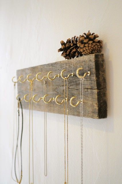 reclaimed wood necklace holder | gillian. | Flickr Diy Necklace Wall Hanger, Hanging Necklaces Ideas, Jewlrey Organization Wall Diy, Necklace Wall Display, Wood Necklace Holder, Diy Jewelry Wall, Necklace Organizer Diy, Diy Jewelry Hanger, Necklace Holder Wall