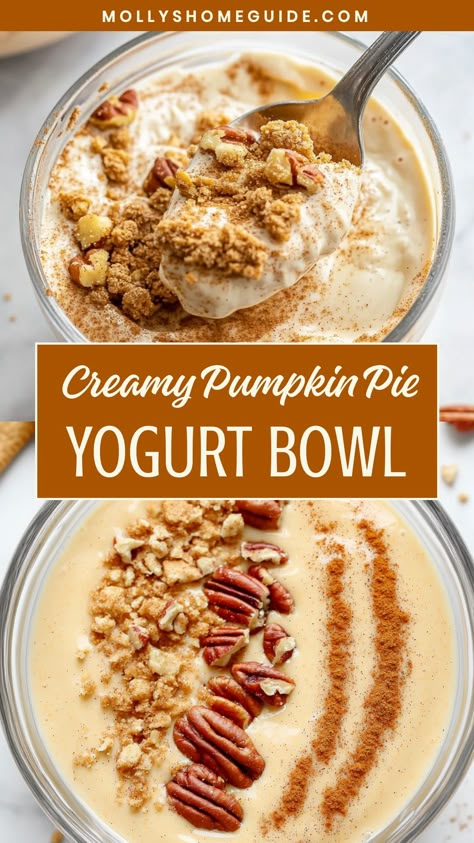 Indulge in a delightful, autumnal treat with this pumpkin pie yogurt bowl recipe. Creamy yogurt topped with the warm flavors of pumpkin pie spices and crunchy granola is the perfect way to start your day or enjoy as a healthy dessert. This easy-to-make dish is full of seasonal goodness and will surely be a new favorite in your fall recipe collection. Try making this pumpkin pie yogurt bowl for breakfast, snack time, or whenever you're craving something cozy and delicious. Yogurt Toppings Healthy, Yogurt Bowl Toppings, Pumpkin Yogurt Recipe, Pumpkin Yogurt Dessert, Pumpkin And Yogurt Recipes, Healthy Easy Pumpkin Dessert, Fall Yogurt Bowls, Pumpkin Yogurt Pancakes, Fall Yogurt Parfait