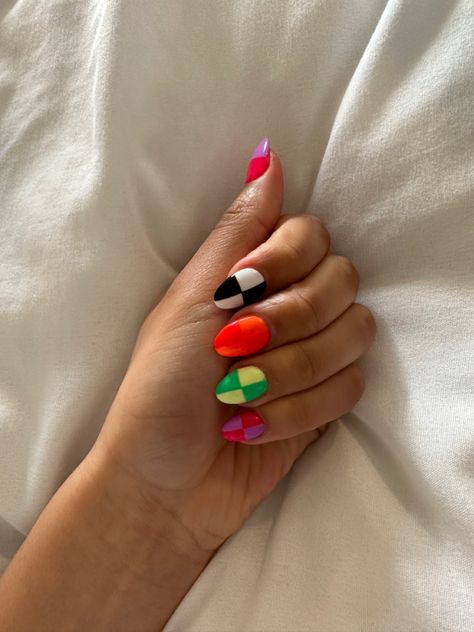 checkered,  colourful , overlay polish Multi Colored Checkered Nails, Winter Checkered Nails, Fun Checkered Nails, Cherry And Checkered Nails, Red And Pink Checkered Nails, Colorful Checkered Nails, Easy Checkered Nails, Rainbow Checkered Nails, Chrome Checkered Nails