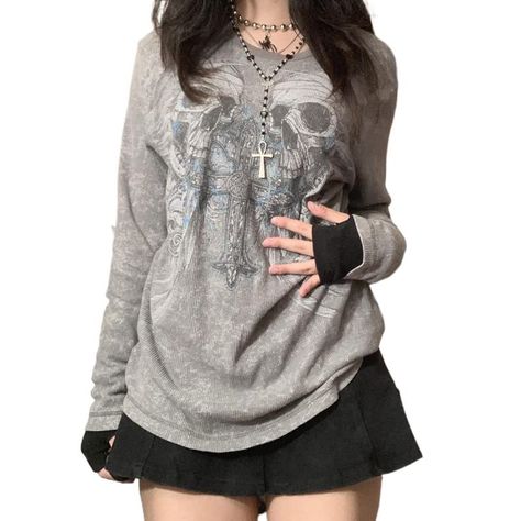 PRICES MAY VARY. Material: Women’s fairy grunge t-shirt is made of high quality polyester fabric it’s skin-friendly, stretchy, breathable, comfortable to wear and quick dry. Feature: Long sleeve loose pullover, graphic print punk top for teen girls, fashionable round neck e-girl dailywear. Occasion: The stylish grunge sweatshirt suitable for party, nightclub, shopping, dating, travel, vacation, dating, yoga, sport, indoor and outdoor, it also can be a gift to your friend and families on valentin Gothic Hoodies, Grunge Sweatshirt, 2000s Clothing, Casual Halloween, Baggy T-shirt, Y2k Long Sleeve, Cropped Tee Shirt, Estilo Grunge, Fairy Grunge