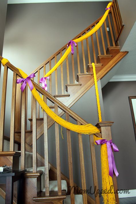 Rapunzel hair down the stairs  http://www.momupped.com/rapunzel-tangled-party.html Rapunzel Homecoming Theme, Rapunzel Decorations Party, Tangled Hallway Decorations, Tangled Bachelorette Party, Tangled Hoco Theme, Tangled 18th Birthday Party, Tangled Homecoming Theme, Disney Homecoming Theme, Tangled Themed Prom