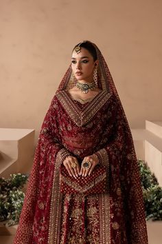 #wedding, #wedding inspiration, #event planning, #party ideas Bridal Jewelry With Maroon Lehenga, All Red Bridal Lehenga, Red Sharara Suit Bridal, Deep Maroon Bridal Lehenga, Shaadi Dresses Pakistani, Desi Wedding Lengha, Wedding Lehengas Bridal Pakistani, Dark Red Wedding Lehenga, New Wedding Dresses Pakistani