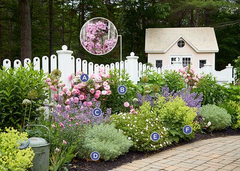 Cottage Garden Charm: Old-fashioned flowers, a custom white picket fence, and colorful containers make this charming cottage garden a spot you never want to leave! Heat Tolerant Flowers, Fence Border, New England Cottage, Cottage Backyard, Cottage Garden Plants, Cottage Garden Design, English Cottage Garden, White Picket Fence, Charming Garden