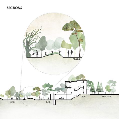 Interesting Sections Architecture, Section Illustration Architecture, Section Elevation Landscape Architecture, Urban Design Sheets, Section Collage, Section Sketch, Landscape Section, Landscape Architecture Section, Architecture Section