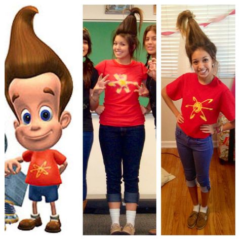 Be Jimmy Neutron! Fun for a blast from the past day at school or Halloween! Red shirt and iron on / sewn on yellow atom. Cuffed jeans or capris. Empty water bottle to keep your hair up w/hair tie. Nickelodeon Costumes, Book Character Day, Disney Characters Costumes, Empty Water Bottle, Jimmy Neutron, Halloween Coustumes, Funky Hats, Cute Couple Halloween Costumes, Halloween Costumes Friends