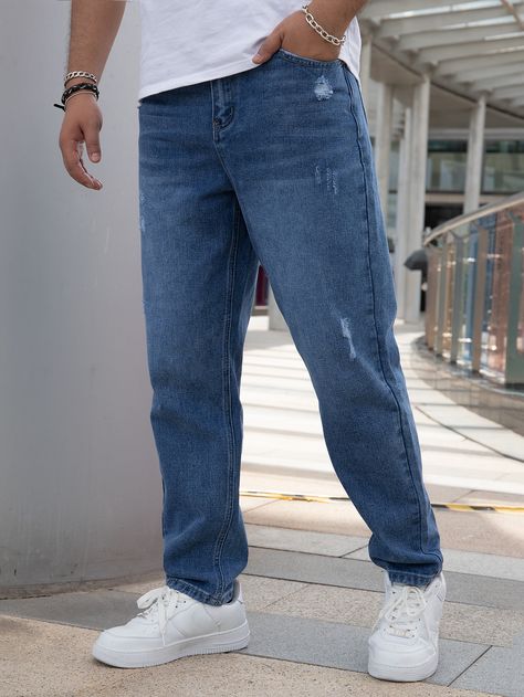 Medium Wash    Denim Plain Straight Leg Embellished Non-Stretch  Men Denim Denim Trousers For Men, Mens Jeans Outfit, Jeans Trousers For Men, Jean Trousers Outfit, Jean Top Outfits, Trousers Outfit Men, Ripped Straight Leg Jeans, Denim Outfit Men, Jeans Outfit For Work