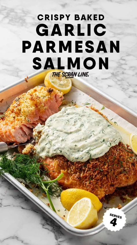 Garlic Parmesan Crusted Salmon with Creamy Dill Sauce Salmon With Creamy Dill Sauce, Dill Sauce For Salmon, Parmesan Crusted Salmon, Parmesan Salmon, Seared Salmon Recipes, Creamy Dill Sauce, Mustard Salmon, Garlic Salmon, Dill Sauce