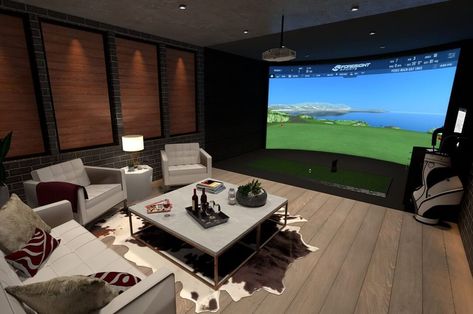 Golf Man Cave, Home Golf Simulator, Best Man Caves, Golf Simulator Room, Golf Room, Home Theater Room Design, Extra Space Storage, Theater Room Design, Golf Range