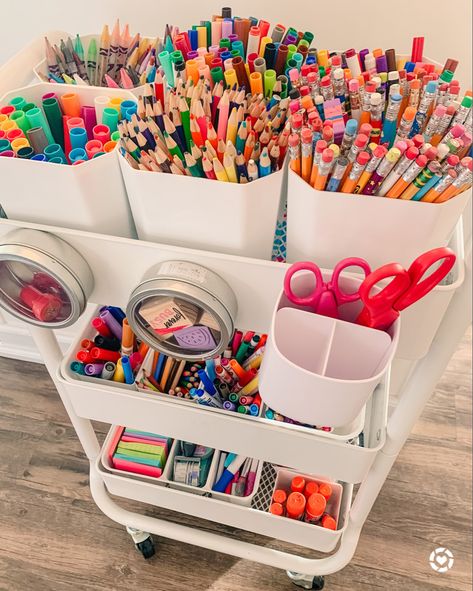 Classroom Art Cart, Kids Art Caddy, Kids Art Cart Organization, Kids Art Station Organization, Craft Cart For Kids, Toddler Art Cart, Kids Arts And Crafts Organization, Kindergarten Desk Organization, Kids Craft Area Art Corner