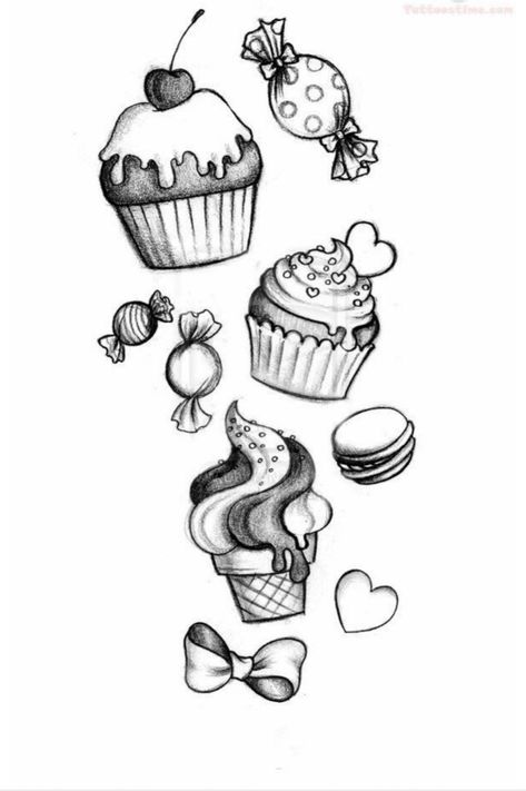 Ice Cream Tattoo, Candy Tattoo, Cupcake Tattoos, Candy Drawing, Fancy Writing, Cupcake Drawing, Ice Crea, Kunst Tattoos, Geniale Tattoos