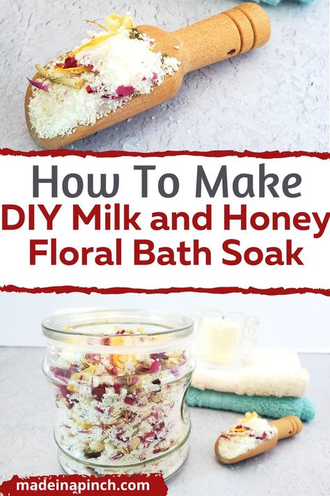 Milk and Floral Floral Bath Soak is perfect for destressing after a hard day. We all know how important it is to take time for ourselves and relax. What better way to do that than by pampering yourself with our DIY Milk and Honey Floral Bath Soak. Bath soaks are an easy way to unwind after a long day and show your body some extra love. It's also a terrific DIY gift idea! Beauty Herbs, Floral Bath Soak, Hibiscus Powder, Diy Bath Soak, Dried Calendula, Milk Bath Recipe, Bath Soak Recipe, Honey Powder, Milk Bath Soak