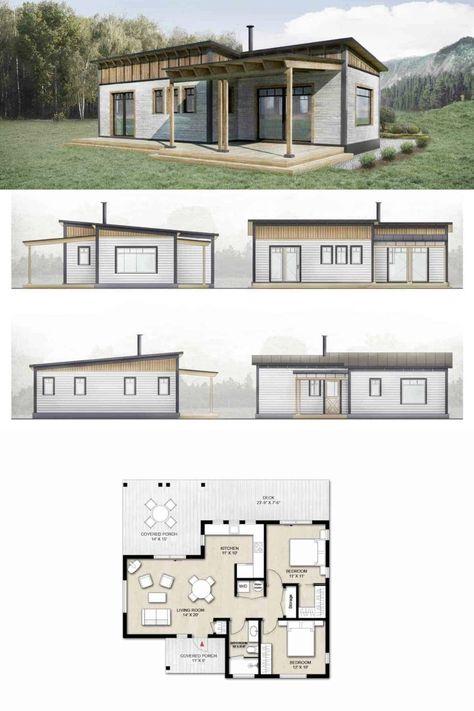 Small House Plans Modern - Truoba Mini 217 Small House Plan Two Bedroom House Design, Spending Time Outside, Small Modern House Plans, Two Bedroom House, Small House Floor Plans, Cabin House Plans, Tiny House Floor Plans, Small House Plan, Plans Modern