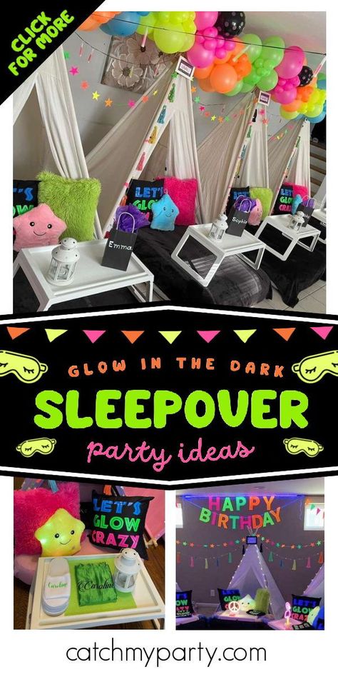 80s Slumber Party Ideas, Sleepover Party Crafts, Neon Birthday Sleepover, Glow Slumber Party Ideas, Glow In The Dark Teenage Party Ideas, Neon Slumber Party, Glow In The Dark Slumber Party, Neon Teepee Party, Neon Slumber Party Ideas