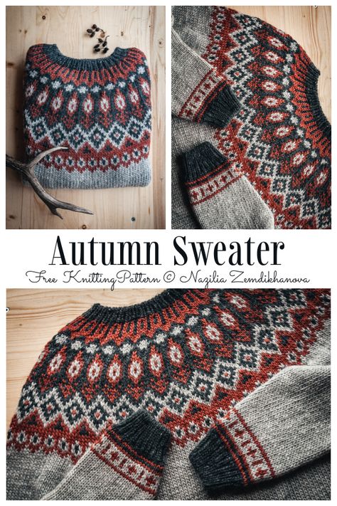 Knitting Autumn, Knitted Fair Isle Sweater Patterns, Fair Isle Embroidery, Knitted Sweater For Beginners, Knit Jumper Pattern Free, Boho Sweater Knitting Pattern, Scandinavian Knitting Patterns Free, 2 Color Knitting Patterns Free, Free Nordic Knitting Patterns