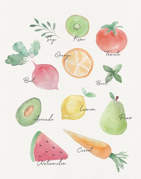 Inspire your cooking with this fruits and veggies watercolor artprint. #fruit #veggies #artprints #watercolor #kitchendecor Watercolor Fruits Easy, Easy Watercolor Vegetables, Watercolor Food Easy, Watercolor Art Fruits And Vegetables, Watercolour Vegetables Simple, Food Painting Ideas Easy, Easy Watercolor Fruit, Fruit Watercolor Painting Easy, Watercolor Vegetables Simple