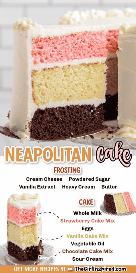 Chocolate Vanilla Strawberry Layer Cake, Strawberry And Chocolate Cake, Flavor Cakes, Neopolitan Cake, Homemade Cream Cheese Frosting, Neapolitan Cake, Strawberry And Chocolate, Homemade Cream Cheese, Birthday Cake Decorating Ideas