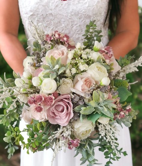 Blush Pink, Ivory, Grey and Muted Greenery Wild Style Silk Bridal Bouquet, Wedding Bouquet, Wedding Flowers, Artificial Bridal Bouquet - Etsy Dusty Pink Bouquet Wedding, Sangeet Decor, Artificial Bridal Bouquets, Spring Wedding Color Palette, Pink Flower Arrangements, Simple Wedding Bouquets, Blush Bridal Bouquet, Bridal Bouquet Peonies, Green Wedding Flowers