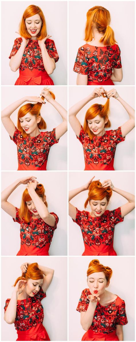 un tuto coiffure rockabilly facile et rapide étape par étape, comment réaliser des coques rétro dites victory rolls Victory Rolls Short Hair, Updo Hacks, Victory Roll Hair, Cabelo Pin Up, Vintage Hairstyles For Long Hair, Rolls Easy, Vintage Hairstyles Tutorial, Up Hairdos, Victory Rolls