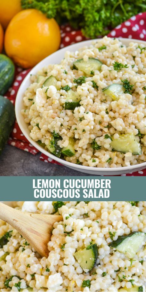 Pasta salad’s are all the rage in the Summer season, and for good reason too. Shake things up a little with this lemon cucumber couscous salad. It’s bright, flavorful, and a surprisingly filling healthy side dish. Serve it for a nice change of pace this barbecue season. #couscoussalad #couscous #saladsupper Easy Vegetarian Salads For Lunch, Dill Couscous Salad, Whole Foods Couscous Salad Recipe, Couscous Lunch Ideas, Caprese Couscous Salad, Summer Couscous Salad Recipes, Cold Couscous Salad Summer, Couscous Cucumber Salad, Spinach Couscous Salad