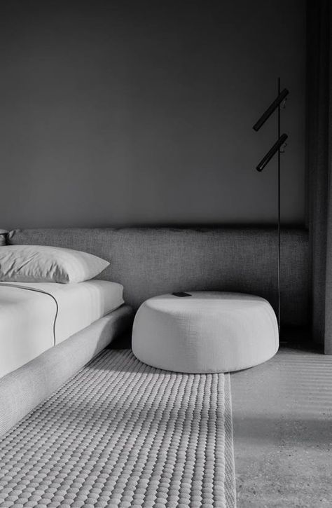 Circular Side Table, Grey Bedroom Design, Calm Aesthetic, Gray Headboard, Monochromatic Room, Black Bedroom Furniture, Black Interior Design, Grey Headboard, How To Dress A Bed