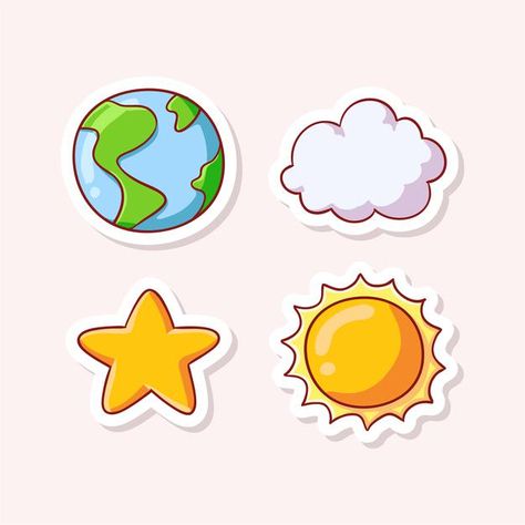 Diorama Kids, Cute Earth, Paw Drawing, Sun Drawing, Banner Drawing, Cloud Stickers, Chibi Cat, Cute Sun, Pola Kartu