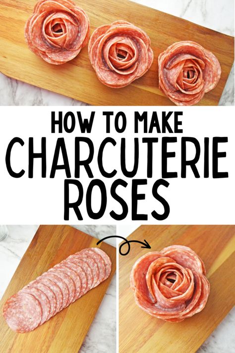 A quick and easy tutorial how to make beautiful charcuterie roses from salami. Cheese Charcuterie Cake, Salami Roses Charcuterie, Small Rectangle Charcuterie Board Ideas, How To Make Charcuterie Roses, Making Salami Roses, Salami Flowers Diy, Rose Meat Charcuterie, How To Make A Charcuterie Rose, Charcuterie Roses How To