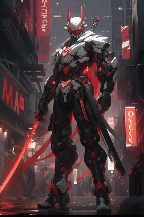 Robot Swordsman Concept Art, Samurai Mecha Robots, Robot Armor Concept Art, Robot Samurai Concept Art, Red Mecha, Mecha Concept Art, Samurai Robot, Mecha Samurai, Mecha Armor