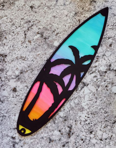 "Wooden surf board wall hanging. Boards measure: 18 1/2\" L x 4 3/4\" W x 1/4\" Thick Each board will will come with a saw tooth hanger that is NOT attached, so you can choose what angle you would like to hang it.  **listing us for only ONE board in the design of choice.  Each piece has its own design and can be done in cuatom colors upon request. Please message for details/requests." Finger Surfboard Ideas, Surf Boards Designs, Diy Surfboard Decor, Finger Surfboard, Pole Painting, Pool Decorations, Surfboard Art Design, Sea Turtle Decor, Surfboard Painting