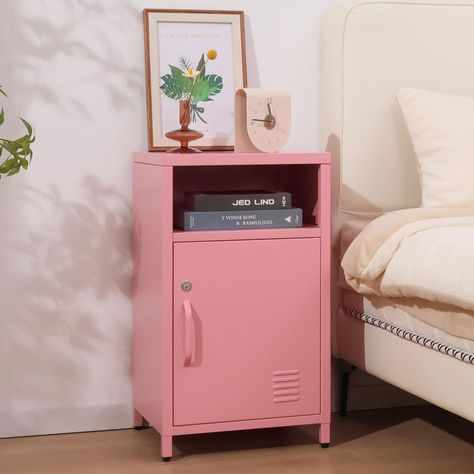 PRICES MAY VARY. Lockable Cabinet for Secure Storage: This metal nightstand features a lockable cabinet, perfect for keeping personal items secure and private. Ideal for use as a bedside table or end table. Versatile Storage Solutions: The table includes an open shelf and a lockable cabinet, offering ample space for a lamp, sleep essentials, books, and more. Maximize your storage with this compact yet functional side table. Perfect for Small Spaces: Measuring 25.98”H x 14.96”W x 15.75”D, this be Small Cabinet Ideas Bedroom, Small Bedside Table Ideas, Funky Nightstand, Side Table For Bedroom, Bedside Dresser, Sleep Essentials, Bedside Table Metal, Locking Storage Cabinet, Side Tables For Bedroom