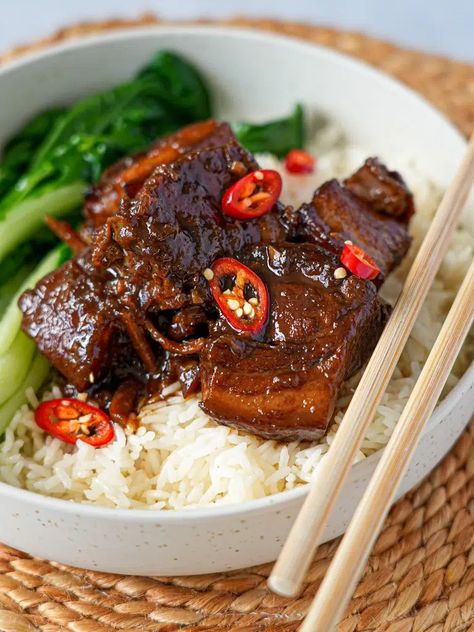 Easy Meal Plan #34 - Simple Home Edit Pork Belly Recipes Slow Cooked, Pork Belly Slices Recipes Slow Cooker, Slow Cook Pork Belly Recipes, Pork Belly Slow Cooker Recipes, Slow Cooked Pork Belly, Pork Asian Recipes, Asian Pork Stew, Sticky Pork Belly Recipes, Chinese Pork Belly