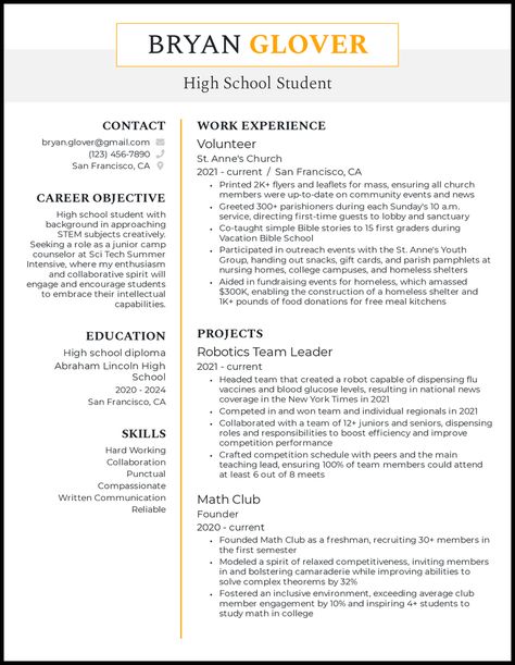 Resume College Student, Resume Template For High School Students, High School Resume Examples, High School Resume For College, Resume Examples For High School Students, Highschool Resume, Resume For High School Student, Student Resume Examples, High School Student Resume