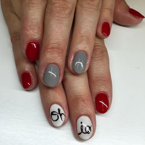 First buckeye mani of the season! #asseenincolumbus #gobucks #ohiostatefootball #ohiostatenails #osu Osu Football Nails, Osu Buckeye Nails, Osu Nails Buckeyes, Ohio State Buckeyes Nails, Osu Nails, Ohio State Christmas, Ohio State Nails, Football Nail Designs, Vows Ideas