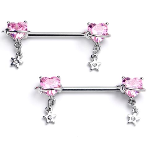 14 Gauge 9/16 Pink Cz Heart Starry Saturn Dangle Nipple Ring Set - Surgical Grade Stainless Steel - Body Candy Cherry Piercing, Pink Piercings, Body Candy Jewelry, Chest Piercing, Emo Jewelry, Piercing Rings, Conch Piercing Jewelry, Bellybutton Piercings, Horseshoe Jewelry