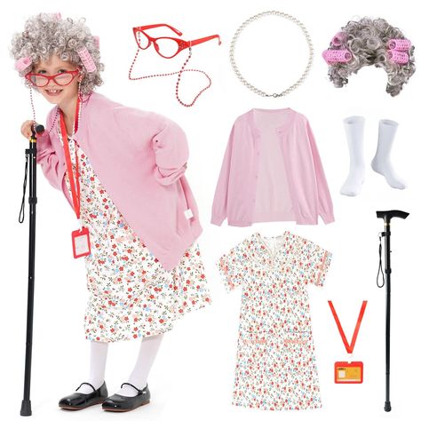 Costume Old Lady, Kids Poodle Skirt, Old Lady Costume For Kids, Kids Old Lady Costume, 100 Days Of School Costume, Old Lady Halloween Costume, Old Lady Wig, Granny Costume, Old Lady Dress