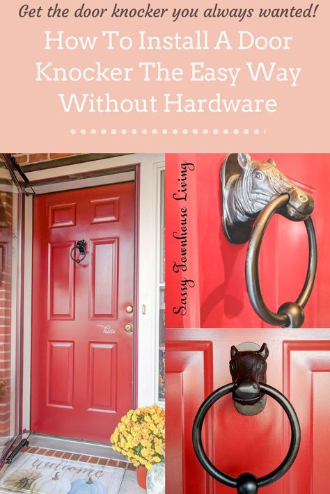 How To Install A Door Knocker The Easy Way Without Hardware. If there’s one thing that pretties up a door, it’s got to be a door knocker. I’ve always loved them and wanted one, but the thought of drilling holes in my metal door always deterred me from installing one. #DoorKnockers #Doors Door Knocker Placement, Diy Door Knocker, Door Knocker, Diy Corner Bench, Dream Wedding Decorations, Clever Diy, Aluminium Doors, Metal Door, Door Installation