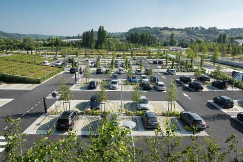 Calvados-Honfleur Business Park by La Compagnie du Paysage « Landscape Architecture Platform | Landezine Parking Landscape, Green Parking, Car Park Design, Parking Plan, Parking Lot Architecture, Green Infrastructure, Zoo Architecture, Car Parks, Parking Area