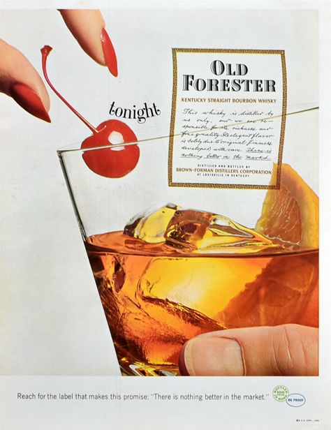 Vintage 1963 Old Forester Kentucky straight bourbon whisky ad.  The colorful whiskey sour with a cherry on top would look amazing in your retro chic home bar.  I think black frame would be perfect.  Check out the Retro Reveries Etsy shop or website (Retro-Reveries.com) for more retro advertising art. #RetroReveries #etsy #retrochic #60swalldecor #retroshopart #midcentury #style #affordableart #whiskeysour Cocktail Pictures, Whisky Drinks, Sour Cocktail, Whisky Bottle, Whiskey Bar, Vintage Poster Design, Whiskey Sour, Cocktail Art, Retro Advertising