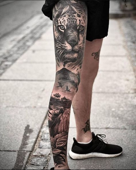 Jungle Leg Sleeve Tattoo, Jungle Sleeve Tattoo, Jungle Tattoo Design, Jungle Tattoo Ideas, Jay Tattoo, Suit Tattoo, Jungle Tattoo, Spine Tattoos For Women, Body Suit Tattoo