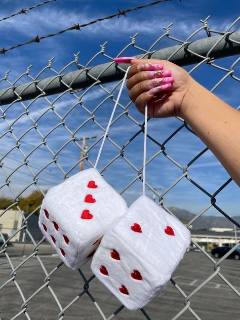 Heart Dice - White/Red -  #Dice #Heart #WhiteRed Heart Dice, Car Dice, 2023 Cars, Fuzzy Dice, Mirror Decor Ideas, Girly Car Accessories, Car Deco, Cool Car Accessories, Hanging Ideas