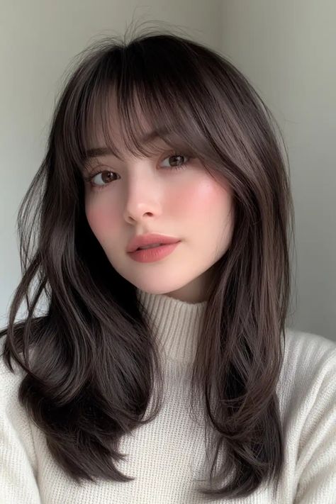 Woman with long brown hair and bangs, wearing a white sweater, looking directly at the camera. Cute Haircut For Medium Hair With Bangs, Layers Curtain Bangs Medium Hair, Straight Hair Bangs Medium, Wispy Bang Haircut, Face Framing Medium Hair, Bangs Haircut Medium, Jennie Haircut, Curtain Bangs For Medium Hair, Short Curtain Bangs Medium Hair