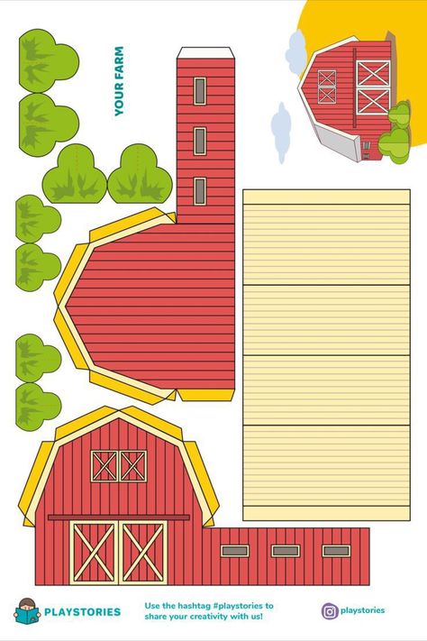 Farm Paper Crafts, Paper Toys Template Free Printable, Farm Template, Paper House Printable, Farm Printables, Farm Printable, Barn Crafts, Flowers Paper Craft, Paper House Template