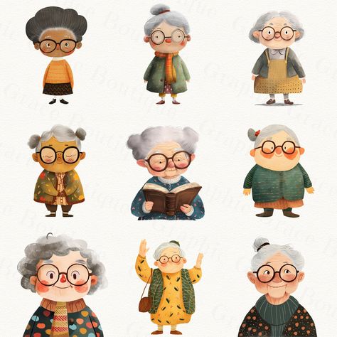 Adorable Grandma Clipart Collection Sweet Cute Little Grannies Tending Gardens, Sipping Tea, and Spreading Joy Instant Download - Etsy Grandma Illustration, Storybook Art Illustrations, Grandma Clipart, Cartoon Grandma, Children's Book Characters, Book Illustration Design, Sipping Tea, Storybook Art, Autumn Illustration