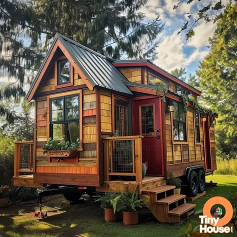 Check out this adorable tiny house on wheels in the Farmhouse design style! The Terra Cotta and Beige color palette adds a cozy and inviting touch. Which design elements would you incorporate into your own home? #tinyhouse #farmhouse #designinspiration #architecture Tiny Home On Wheels Exterior, Tiny House Cottage Style, Tiny House Wheels, Van Home Ideas, Exterior Tiny House, Portable Tiny House, Cottage On A Hill, Desert Cabin, A Room Of Ones Own