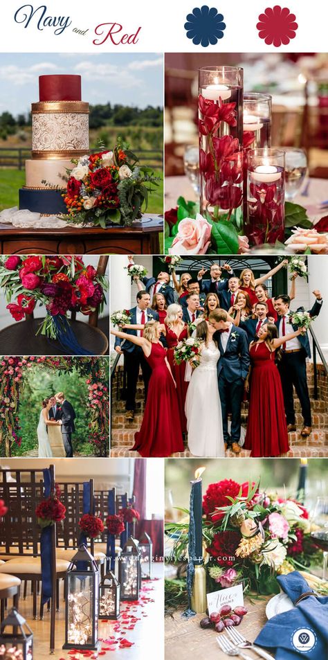 Blue And Red Wedding, Red White And Blue Wedding, Wedding Centerpeices, Blue Fall Wedding, Blue Red Wedding, Dark Red Wedding, Wedding Dreses, Spring Wedding Outfit, Wedding Theme Color Schemes