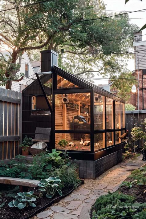 Here’s another upscale chicken coop, this time shaped like a barn. It even has a charming chimney! Garden Greenhouse Chicken Coop, Fancy Chicken Coop Designs, Chicken Coop Cupola, Home Chicken Coop, Glass Chicken Coop, Minimalist Chicken Coop, Mid Century Chicken Coop, Chicken Coop Garden Combo Design, Home Aviary