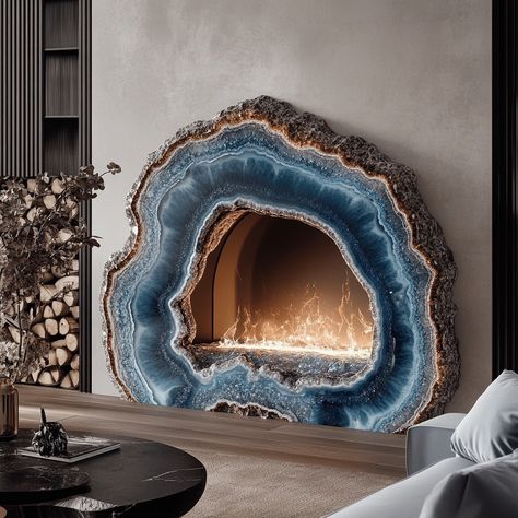 A geode fireplace is a stunning centerpiece that blends the natural beauty of geology with the warmth and comfort of a modern hearth. Crafted to mimic the intricate formations found inside geodes, the fireplace features a crystalline interior that shimmers with vibrant hues when illuminated by the flickering flames. The exterior is rugged and textured, resembling the raw outer shell of a geode, while the inside reveals a dazzling array of crystals, offering a captivating contrast. Perfect for... Geode Fireplace, Modern Hearth, Random Products, Resin Work, Interior Design Your Home, Rock Textures, Geode Art, American Signature Furniture, Dreamy Room