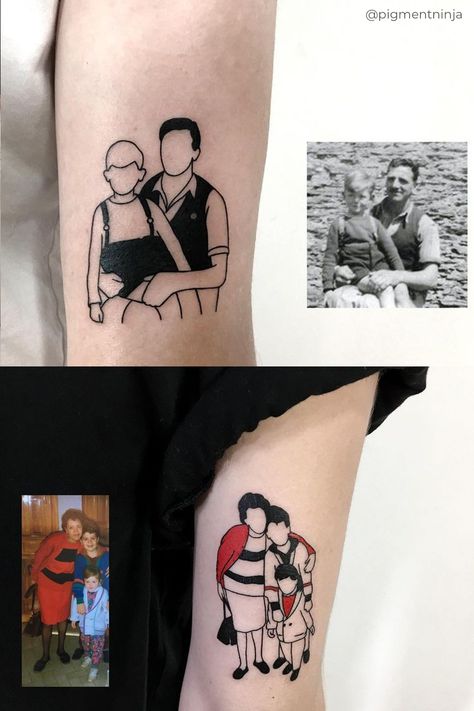 Tattoo Of Photograph, Tattoo From Picture, Portrait Line Tattoo, Photo Line Tattoo, Line Photo Tattoo, Simple Portrait Tattoo, Minimalist Portrait Tattoo, Outline Of Picture Tattoo, Tattoo From Photo